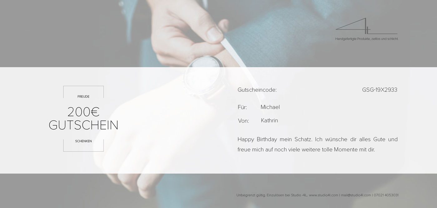 200€ Gutschein von Studio 4L. Tollen Betonschmuck verschenken und mit der Wahl immer Gold richtig liegen.