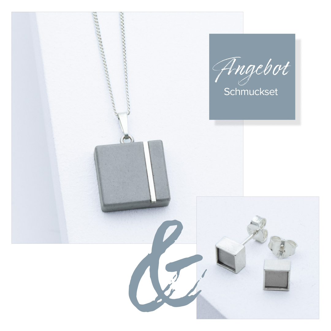 Exklusives Set C30 Silber aus unserer Studio 4L Betonmanufaktur – zeitlose Eleganz vereint mit handgefertigten Unikaten aus Silber und Beton. Entdecke einzigartigen Betonschmuck und filigrane Kettenkreationen, perfekt für einen stilvollen Look.