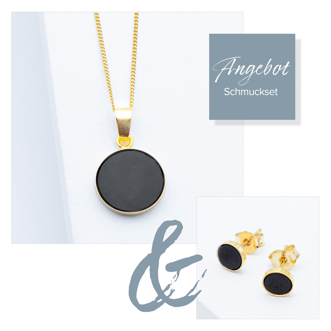 Entdecke den einzigartigen Betonschmuck: Kette R0F und Ohrringe R10 in Gold Schwarz, zusammengestellt im Set aus der Studio 4L Betonmanufaktur. Erlebe zeitlose Eleganz und unverwechselbaren Stil in dieser exquisiten Kollektion.