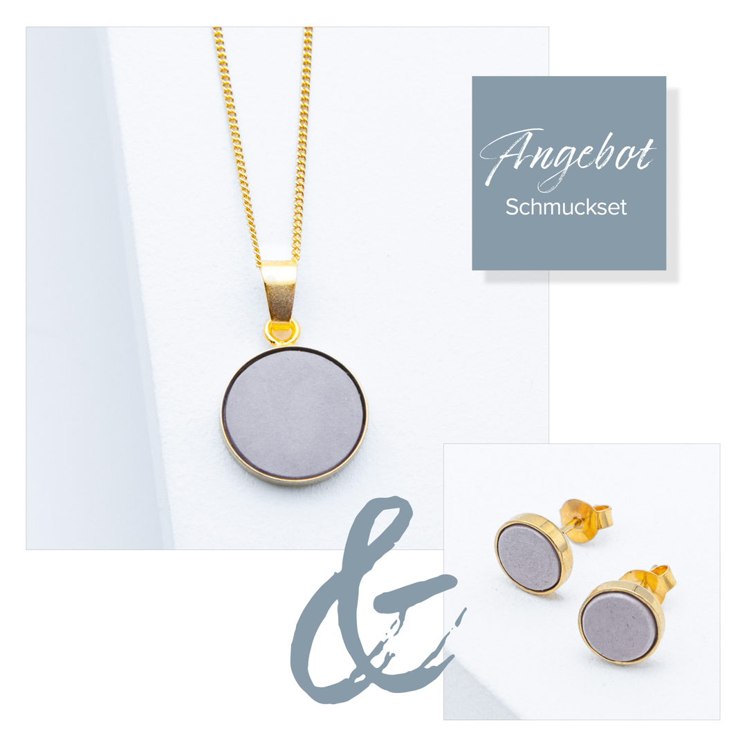 Entdecke den einzigartigen Betonschmuck: Kette R0F und Ohrringe R20 in Gold Grau, zusammengestellt im Set aus der Studio 4L Betonmanufaktur. Erlebe zeitlose Eleganz und unverwechselbaren Stil in dieser exquisiten Kollektion.