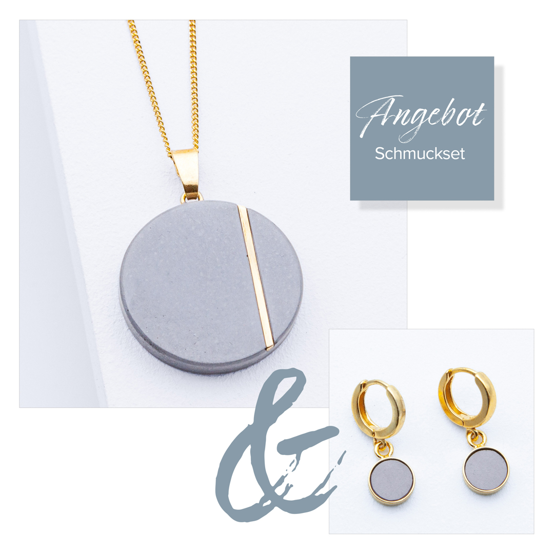 Spare beim Kauf eines einzigartigen Betonschmuck Sets R1 in Gold Grau bestehend aus Kette R1 und Creolen R20.
