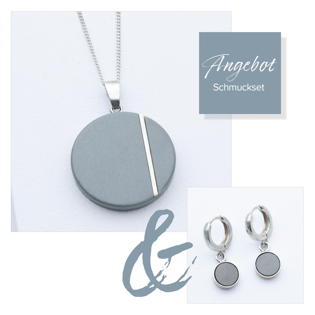 Betonschmuck Kette R1 und Creole R20 Silber Grau im Set aus der Studio 4L Betonmanufaktur